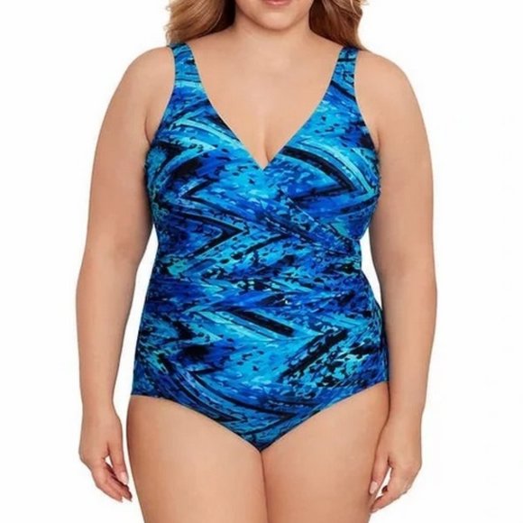NWT Miraclesuit Miradonna Bathing Suit Blue Zig Zag Animal - Picture 1 of 3